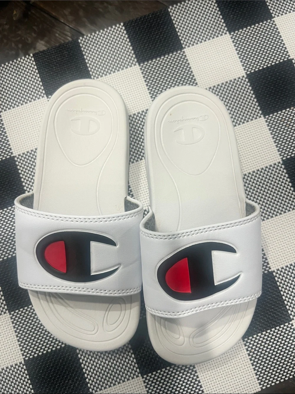 Champion White Kids Slide Sandals with Black & Red Logo